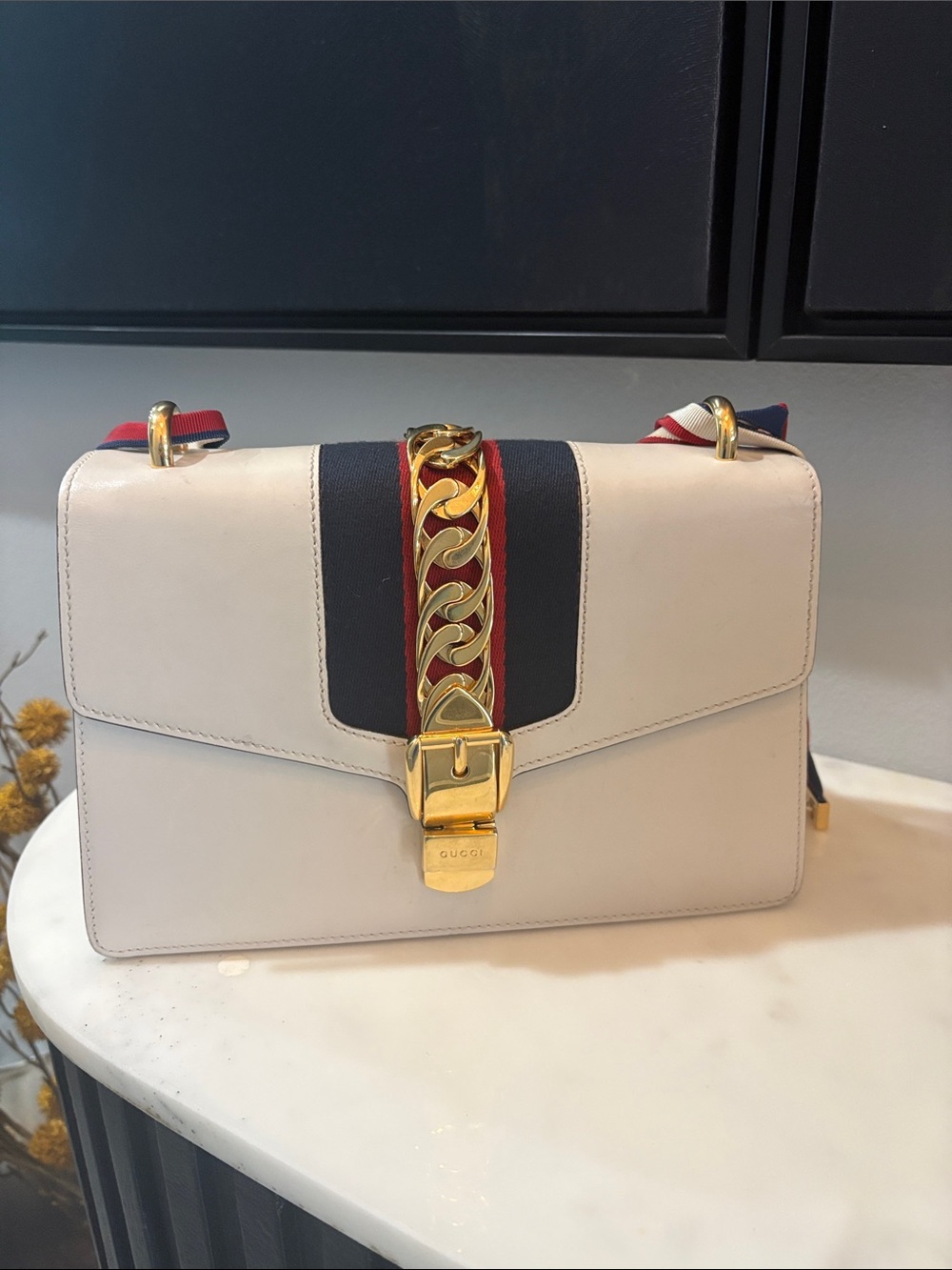 Gucci Cream Leather Shoulder Bag with Red & Navy Web